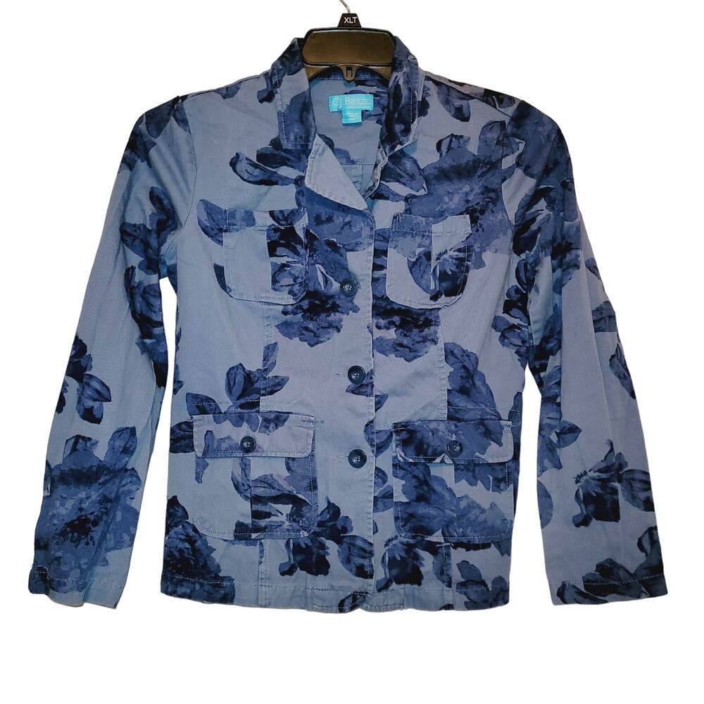 Cj Breeze Caribbean Joe blue floral Jacket Size Med Cargo Utility Boho Romantic